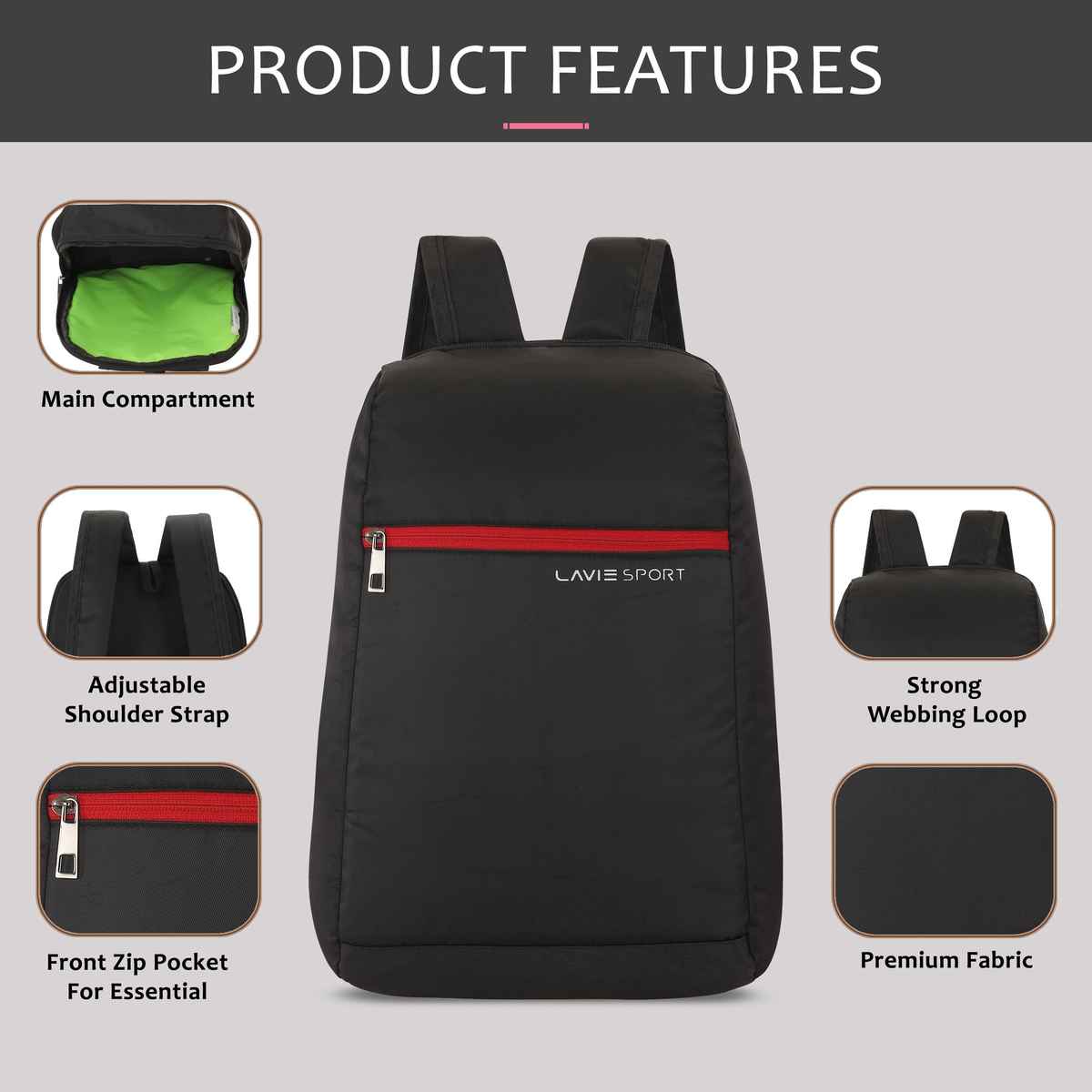 Lavie Sport Unisex Solid Polyester 11 L Top Handle Backpack | Black