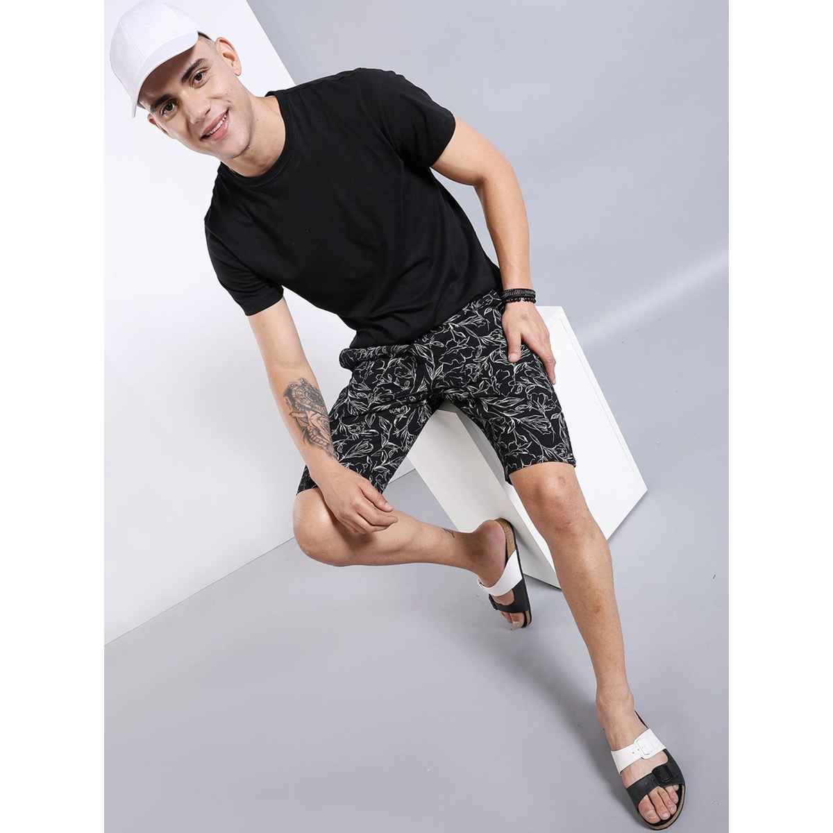 The Indian Garage Co Men's Slim Fit Printed Casual Shorts | Black - 34