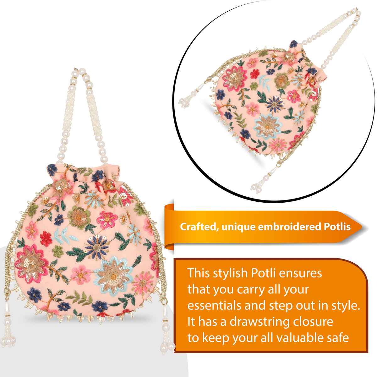 Lavie Women's Jiya Floral Embroidered Potli | Small | Light Pink