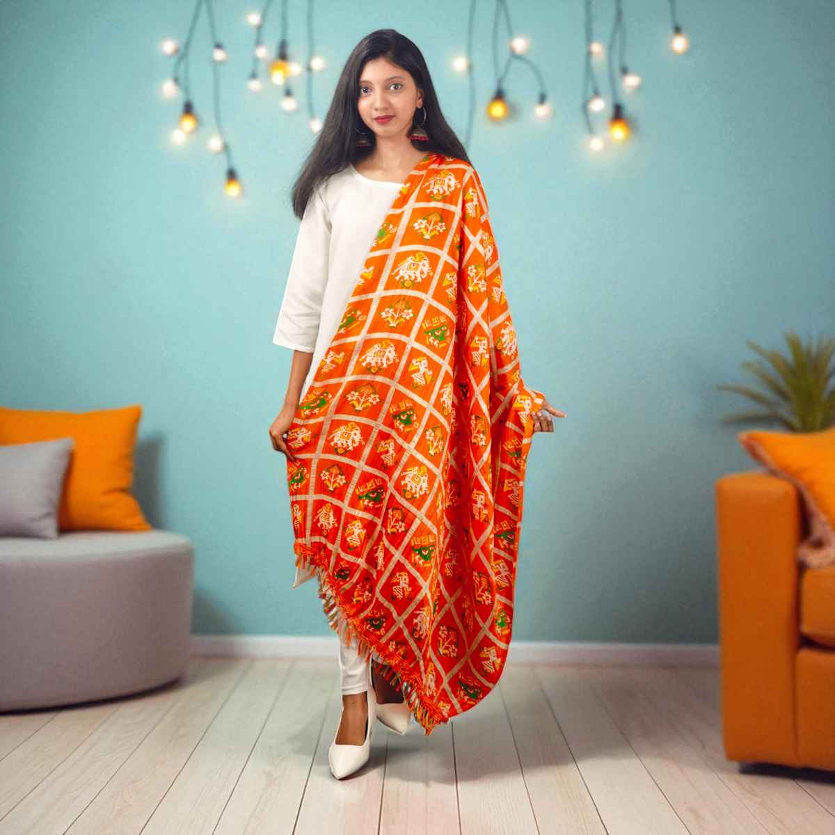 Orange Printed Dupatta | House of Festivals