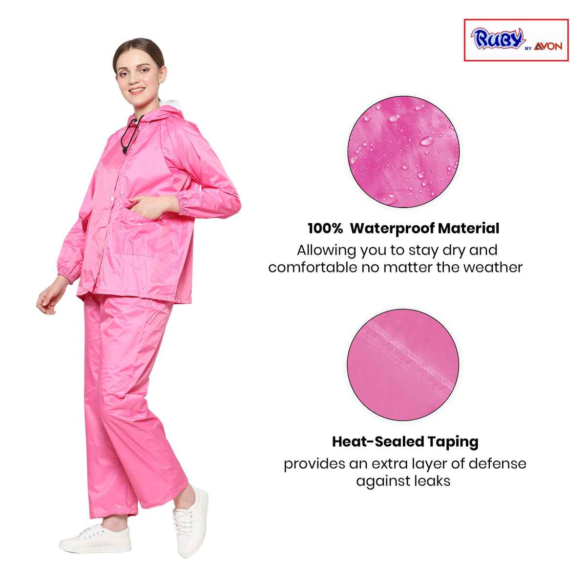 Fendo Ruby Women's Waterproof Raincoat Set with Hood & Carry Pouch | Pink | L