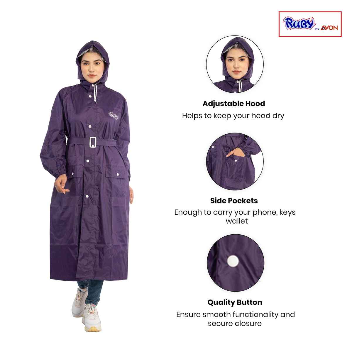 Fendo Ruby Princess Rain Coat for Women Waterproof Polyester Long Overcoat | XXL | Purple