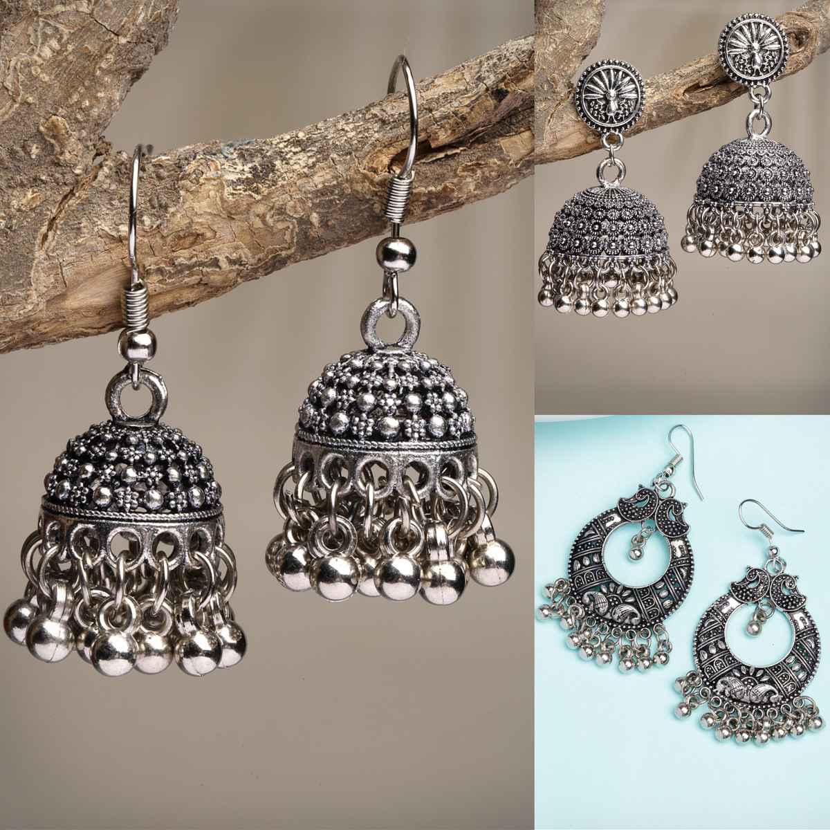NVR Women German Silver Oxidised Dome Shaped Boho Chic Jhumka Earrings