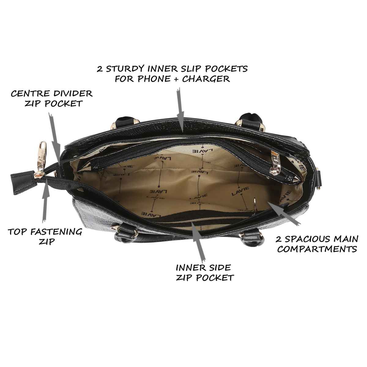 Lavie Women's Ushycroc Satchel Handbag | Satchel Bag for Work | Ladies purse | Shoulder Bag | Black