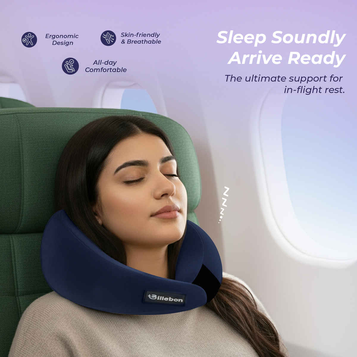 Billebon Gel Infused Memory Foam Neck Pillow with Adjustable Velcro Straps for Support Navy Blue