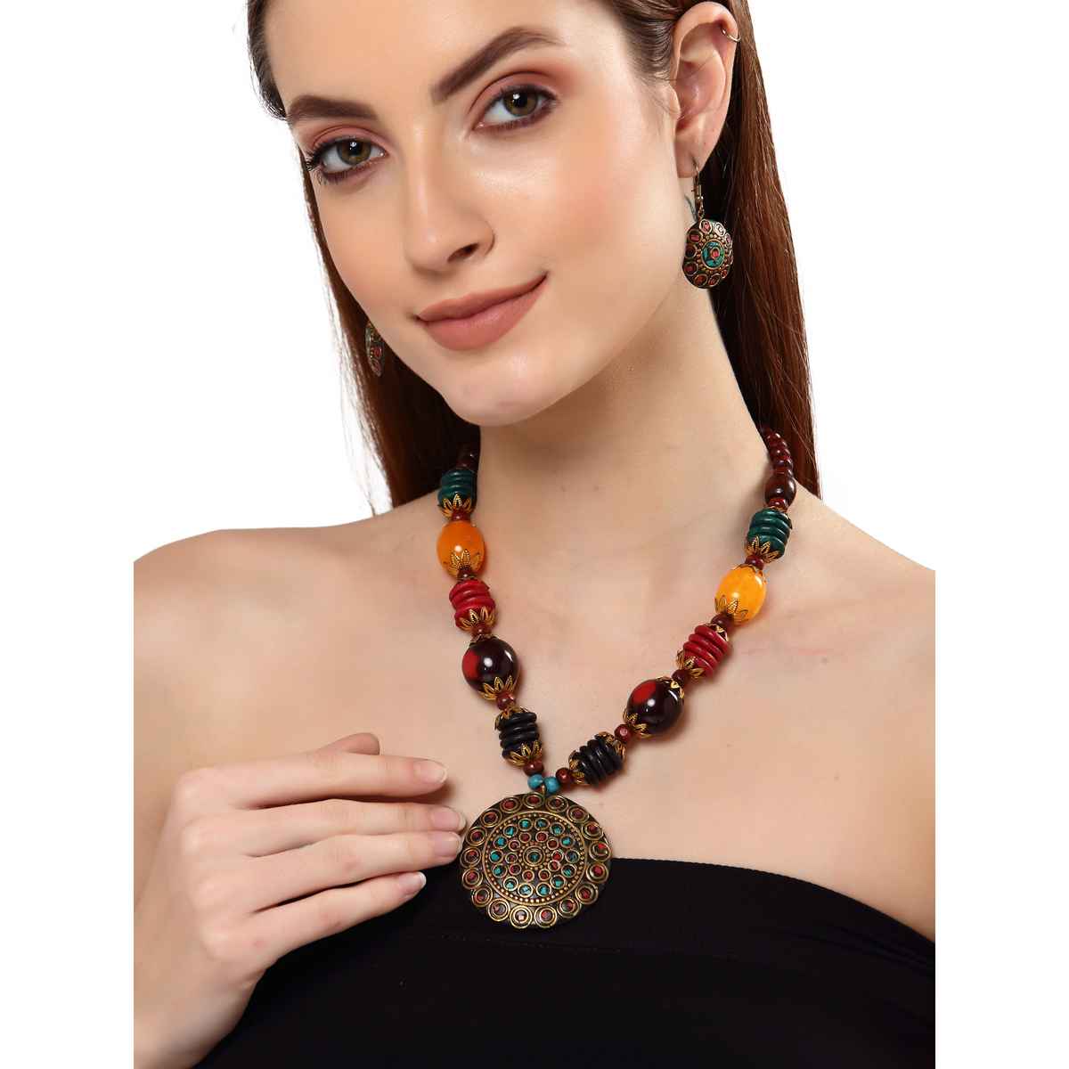 Shining Diva Fashion Stylish Traditional Tibetan Pendant Necklace Jewellery Set for Women | 13208s