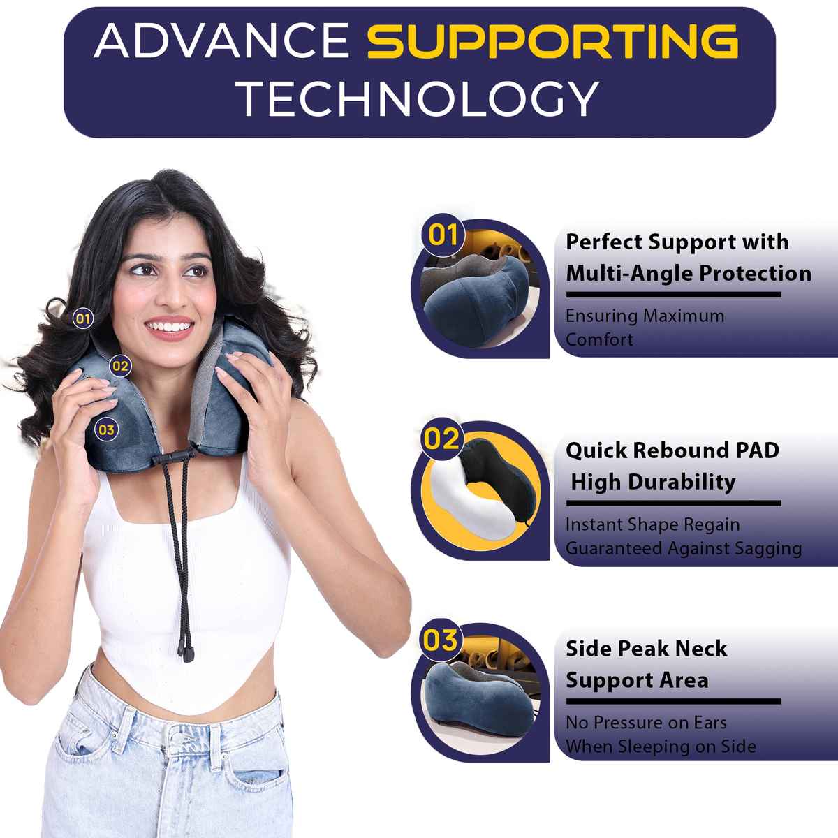 Billebon Cool Gel Travel Neck Pillow with Magnetic Fabric, Neck Support & Washable Cover | Grey