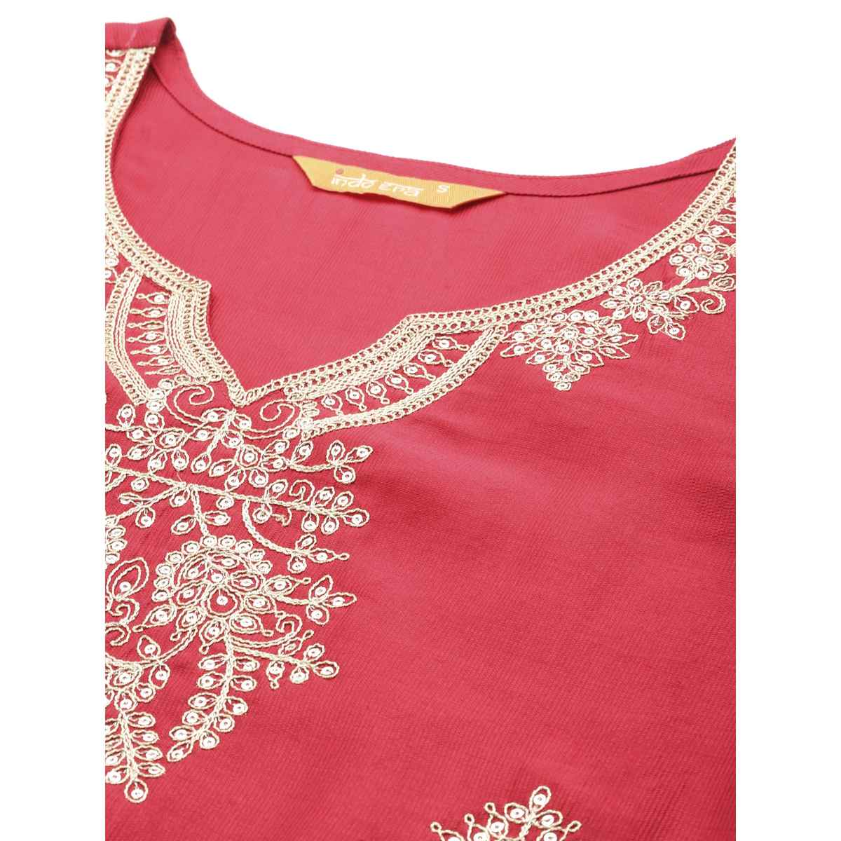 Indo Era Women's Silk Blend Embroidery Straight Kurta Set With Dupatta | KH9RD9490 | Red - XS