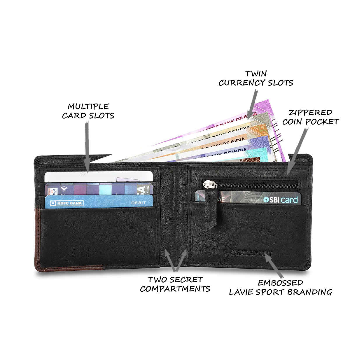 Lavie Sport Men's Solid Artificial Leather Bi-Fold Wallet | Black - One Size