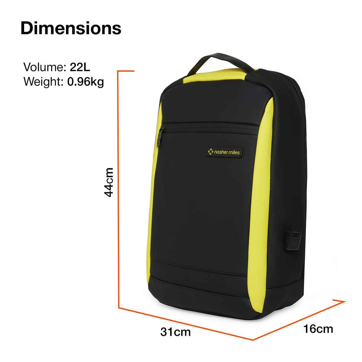 Nasher Miles Madison Workpack 22 L Polyester Black Yellow Laptop Backpack, Number Lock Usb Charging