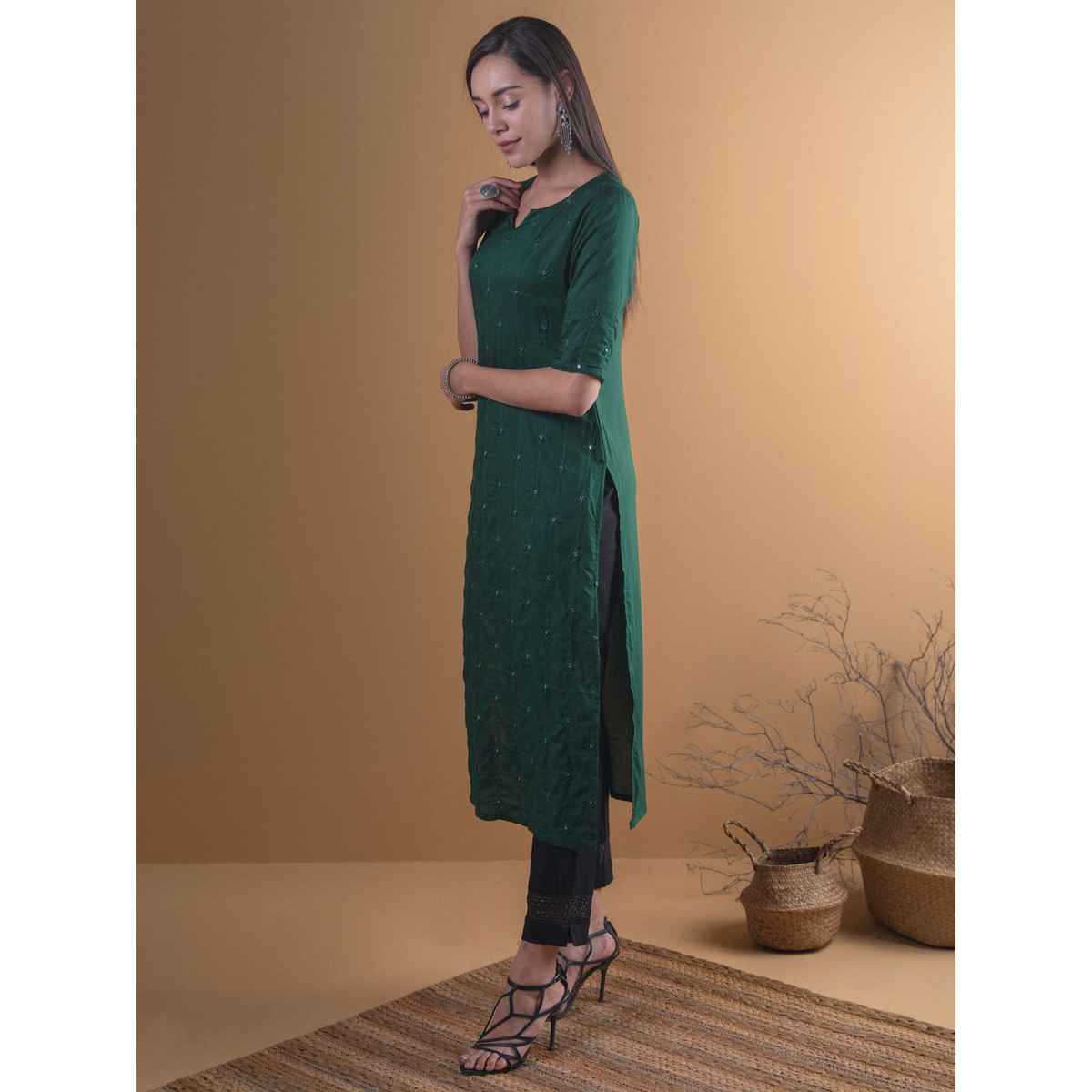 Libas Women's Embroidered Rayon Kurta | Green | L