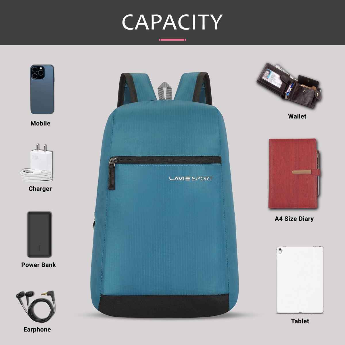 Lavie Sport Unisex Solid Polyester Top Handle Casual Backpack | Crystal Teal | S (25 x 12 x 37 cm)