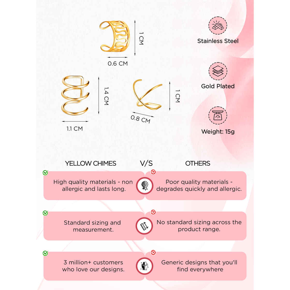 Yellow Chimes Set Of 12 Gold-Toned Ear Cuffs