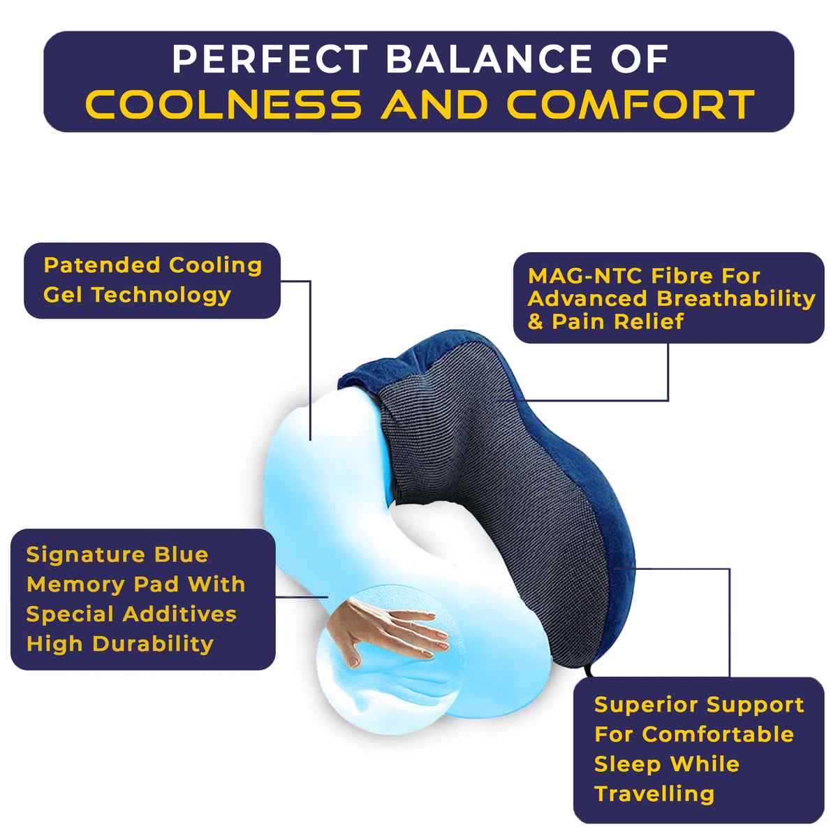 Billebon Cool Gel Travel Neck Pillow with Magnetic Fabric & Washable Cover | Navy Blue