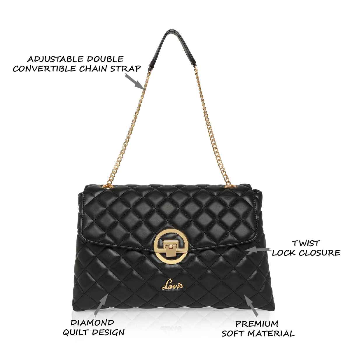 Lavie Women's Quilt Eden Flap Satchel Handbag | Ladies purse | Shoulder Bag | Black