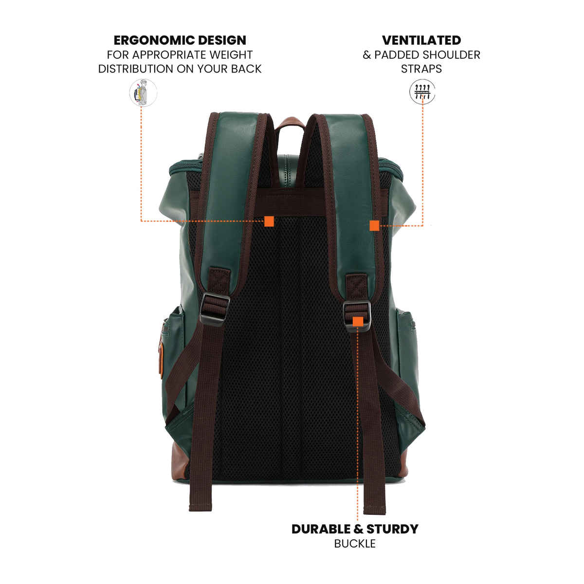 Fur Jaden 20 L Green Vegan Leather Stylish Laptop Backpack | Dedicated Laptop Compartment