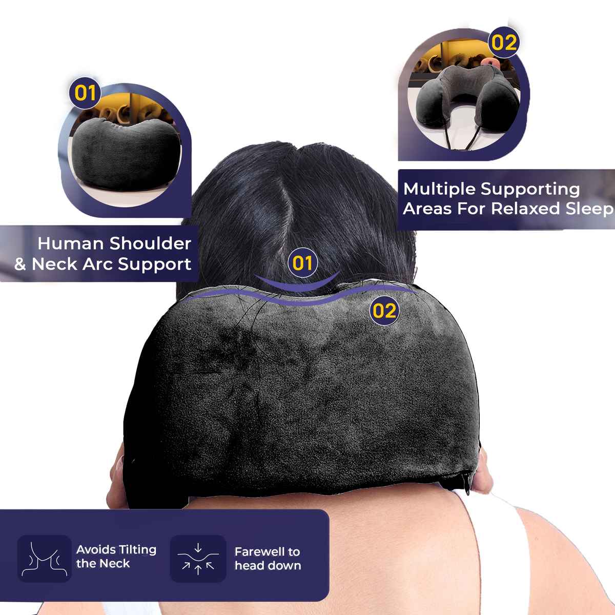 Billebon Cool Gel Travel Neck Pillow with Magnetic Fabric, Neck Support & Washable Cover | Black