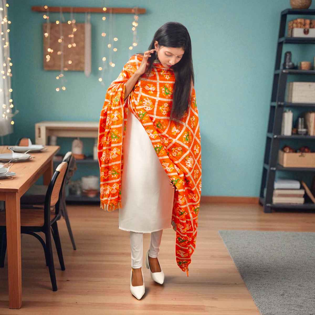 Orange Printed Dupatta | House of Festivals
