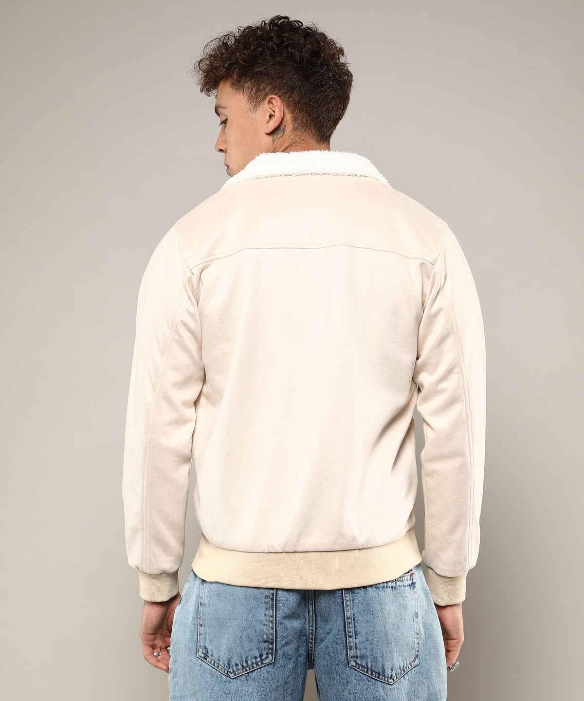 Campus Sutra Men's Fur-Lined Suede Bomber Jacket | Off-White - M