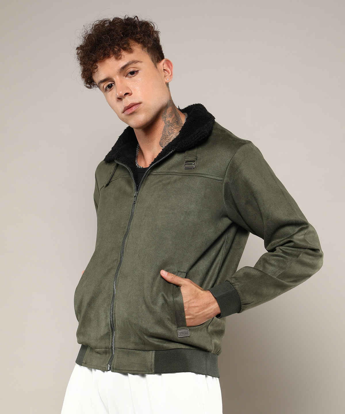 Campus Sutra Men's Fur-Lined Suede Bomber Jacket | Army Green - M