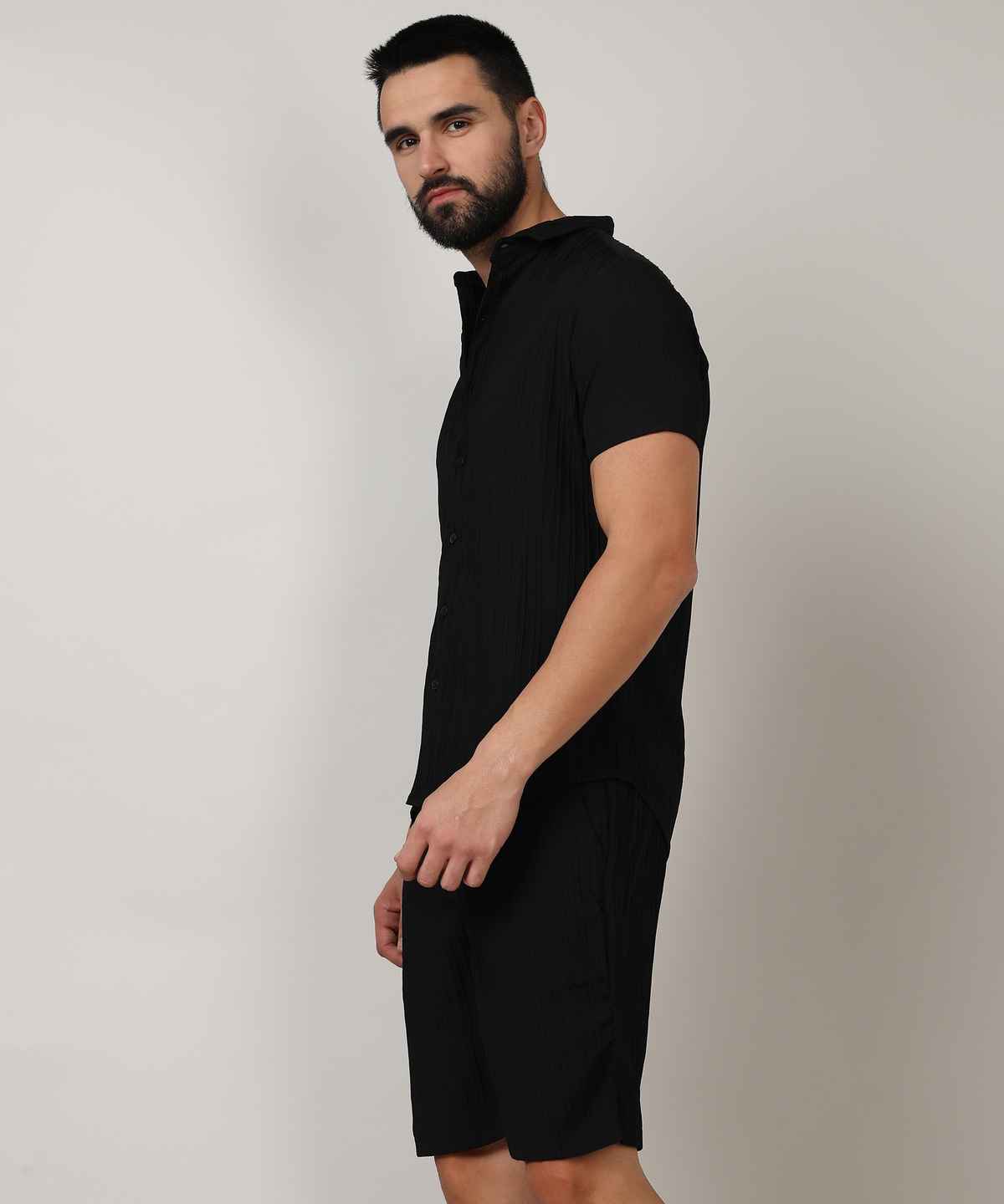 Campus Sutra Men's Self-Design Striped Co-Ord Set | Black - L