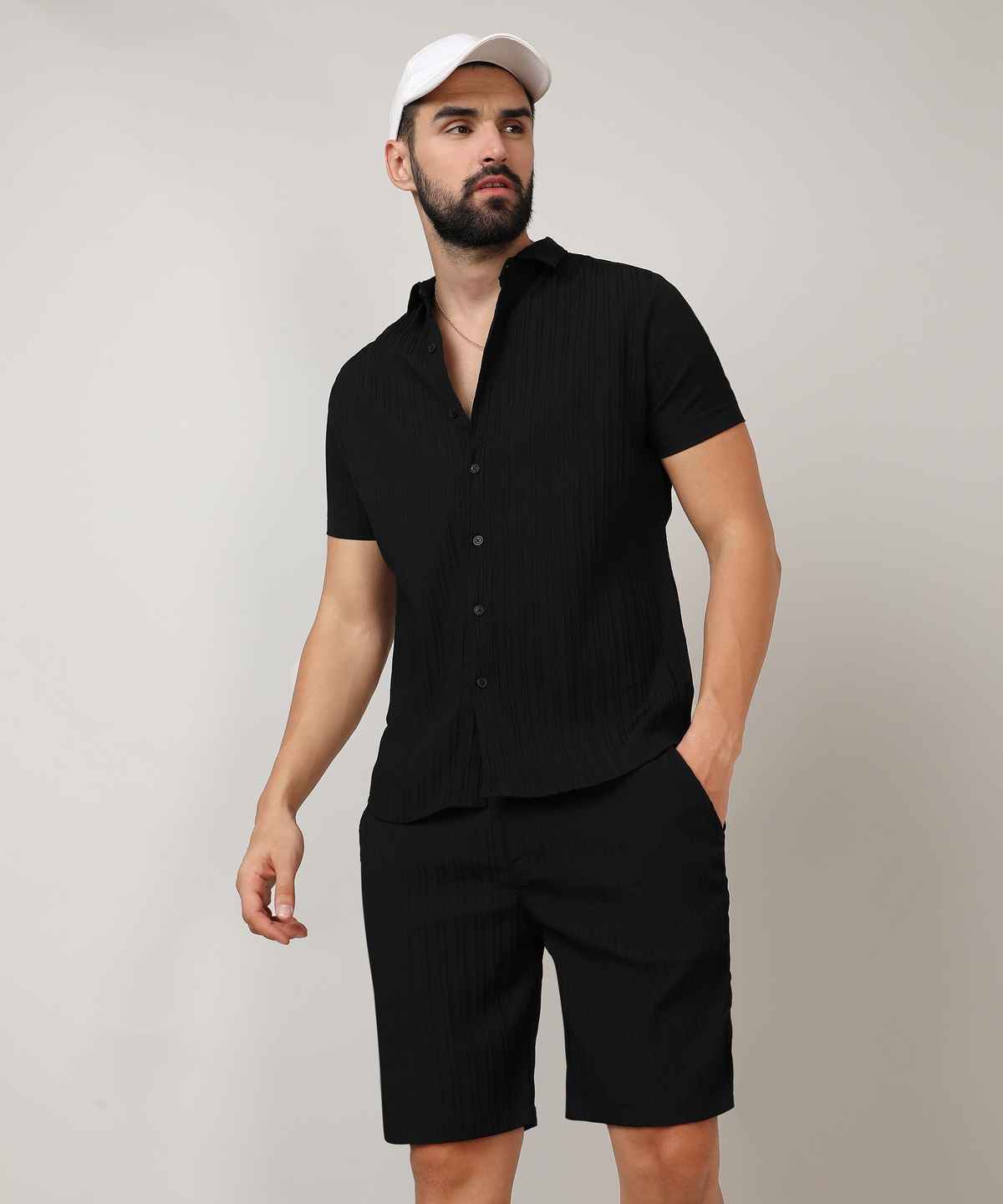 Campus Sutra Men's Self-Design Striped Co-Ord Set | Black - L
