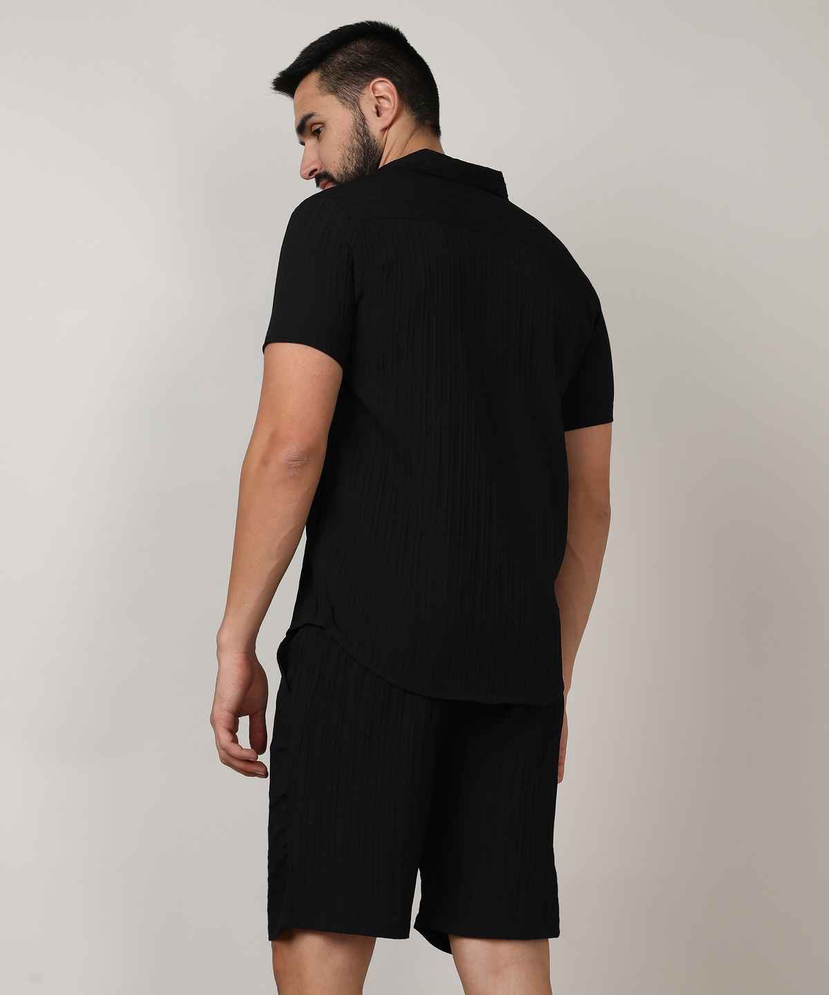 Campus Sutra Men's Self-Design Striped Co-Ord Set | Black - L