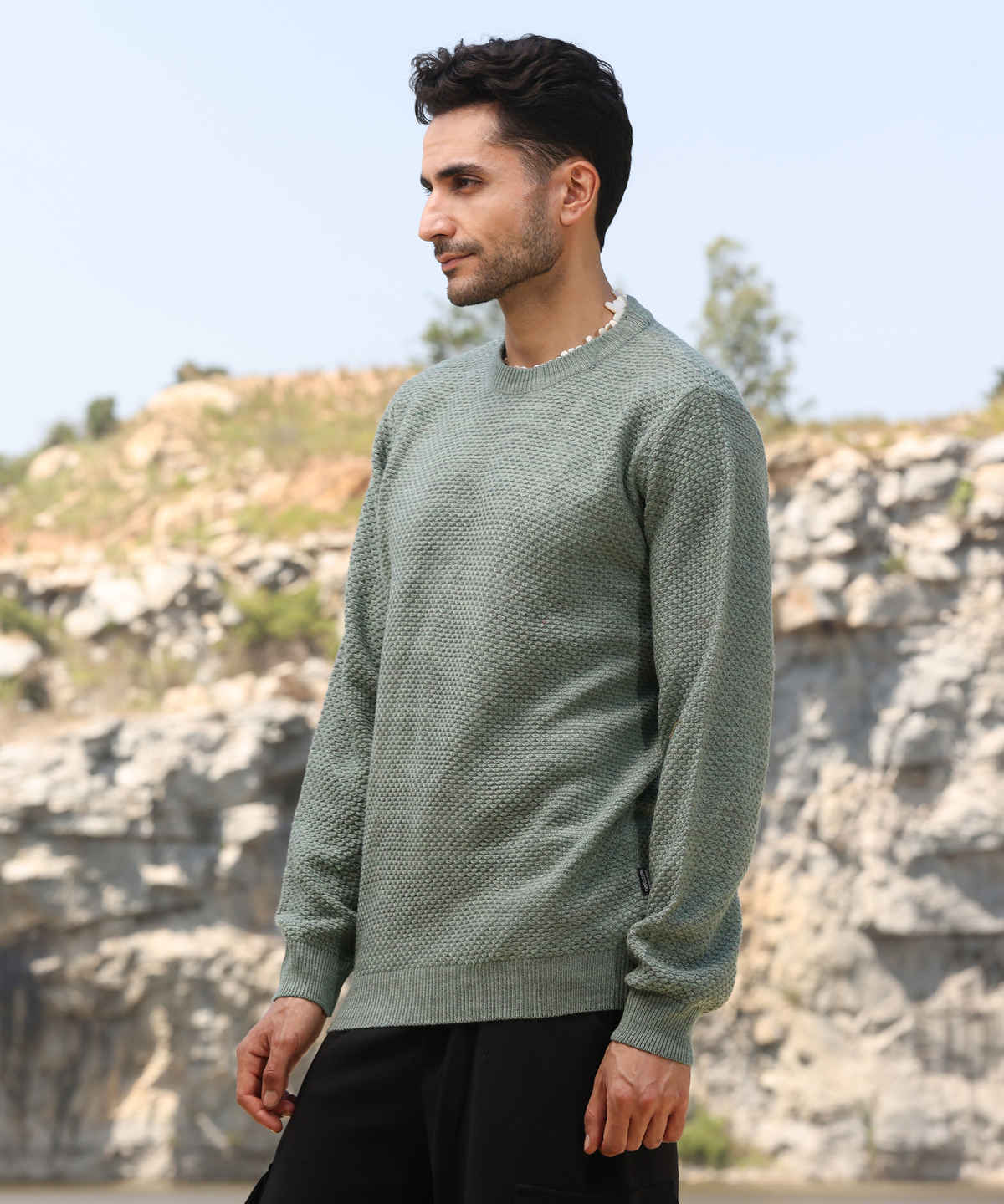 Campus Sutra Men's Textured Knit Pullover Sweater | Sage Green - XL