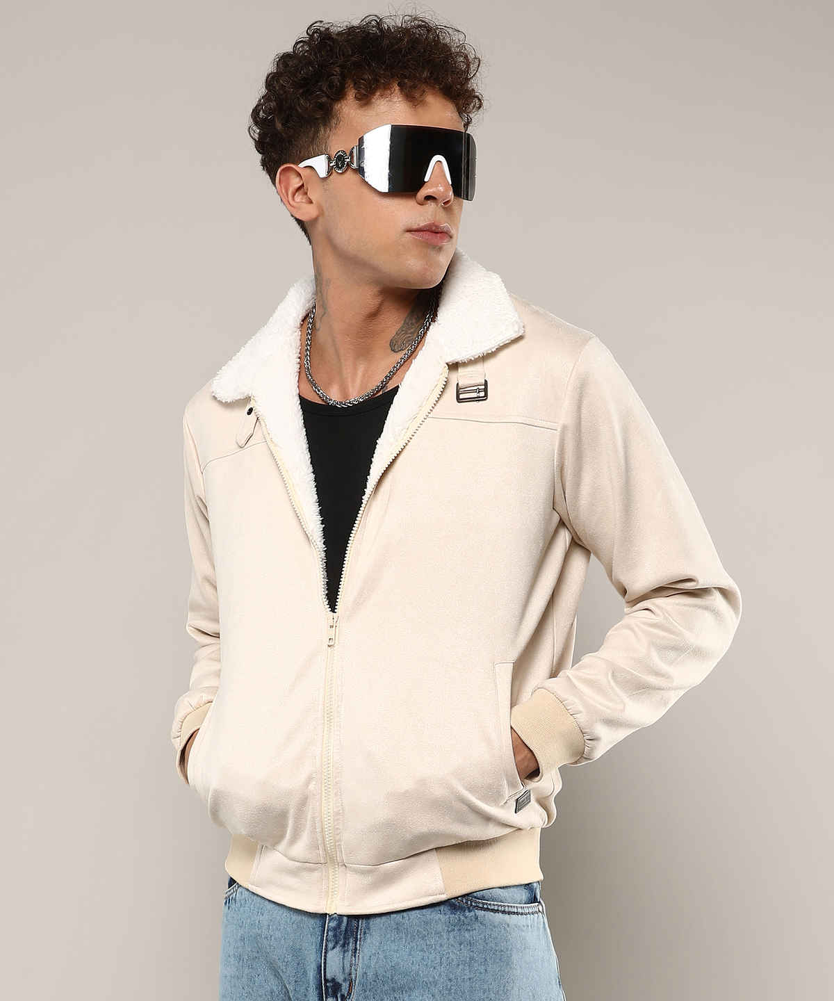 Campus Sutra Men's Fur-Lined Suede Bomber Jacket | Off-White - M