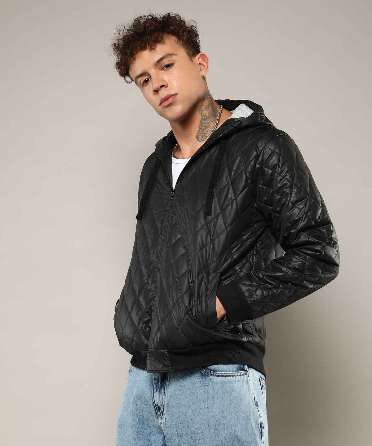 Campus Sutra Men's Quilted Puffer Jacket With Zip-Closure | Black - L