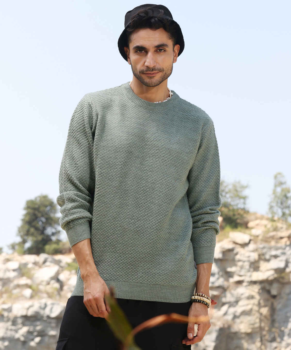 Campus Sutra Men's Textured Knit Pullover Sweater | Sage Green - S