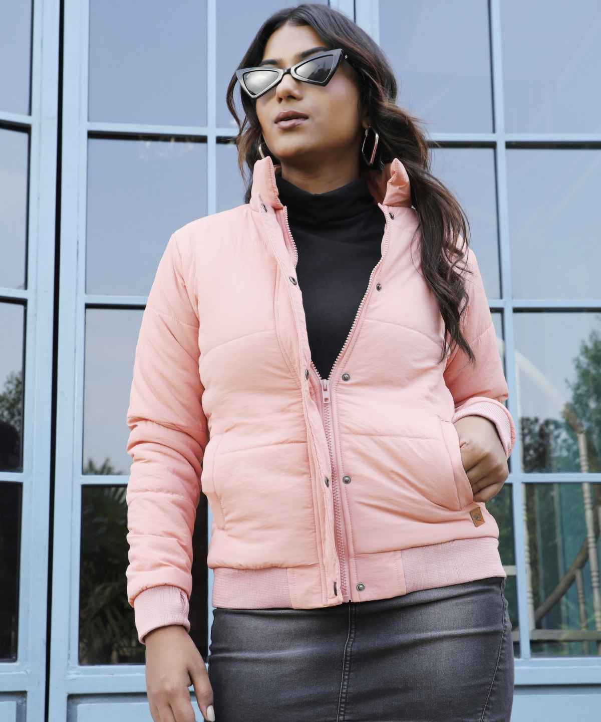 Campus Sutra Women's Puffer Jacket With Angled Open Pockets | Pink - L