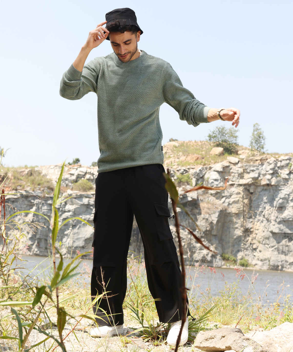 Campus Sutra Men's Textured Knit Pullover Sweater | Sage Green - S