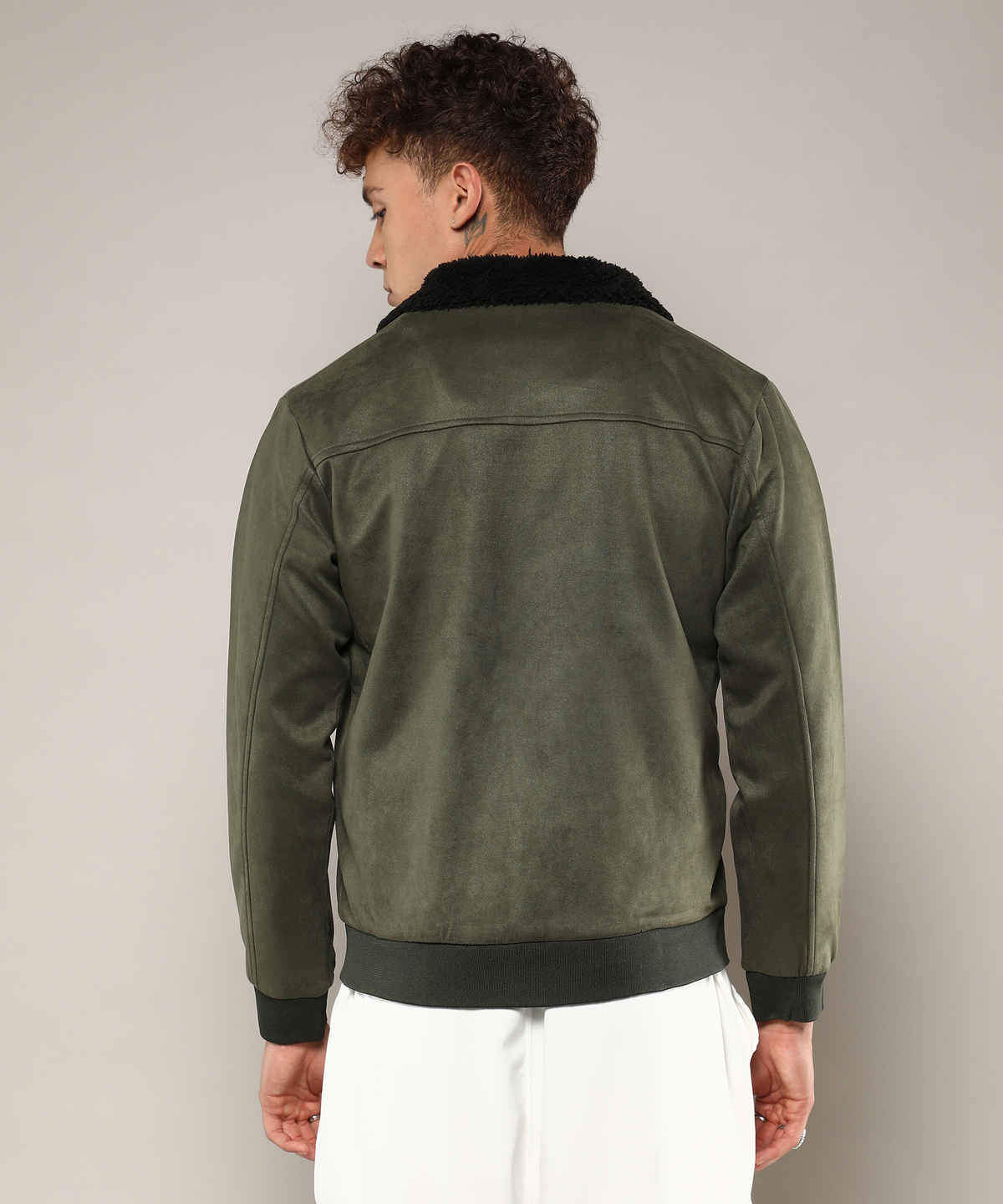 Campus Sutra Men's Fur-Lined Suede Bomber Jacket | Army Green - M