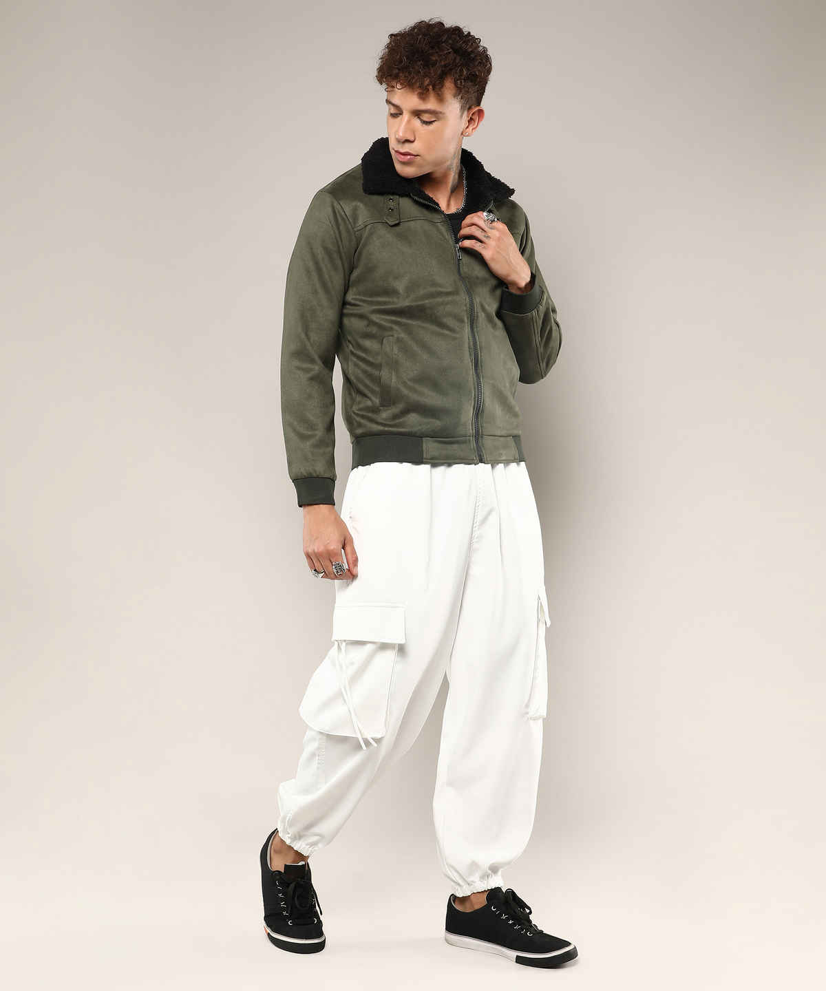 Campus Sutra Men's Fur-Lined Suede Bomber Jacket | Army Green - M