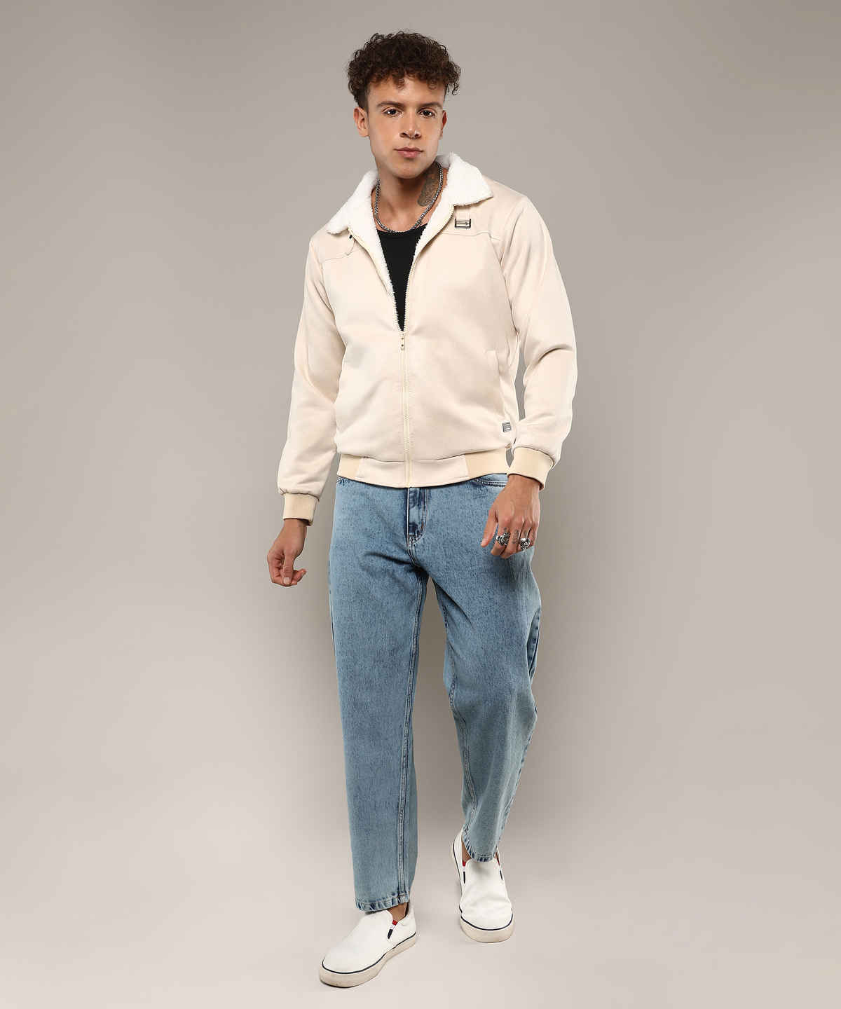Campus Sutra Men's Fur-Lined Suede Bomber Jacket | Off-White - M