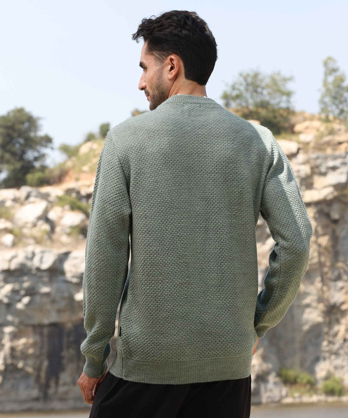 Campus Sutra Men's Textured Knit Pullover Sweater | Sage Green - S