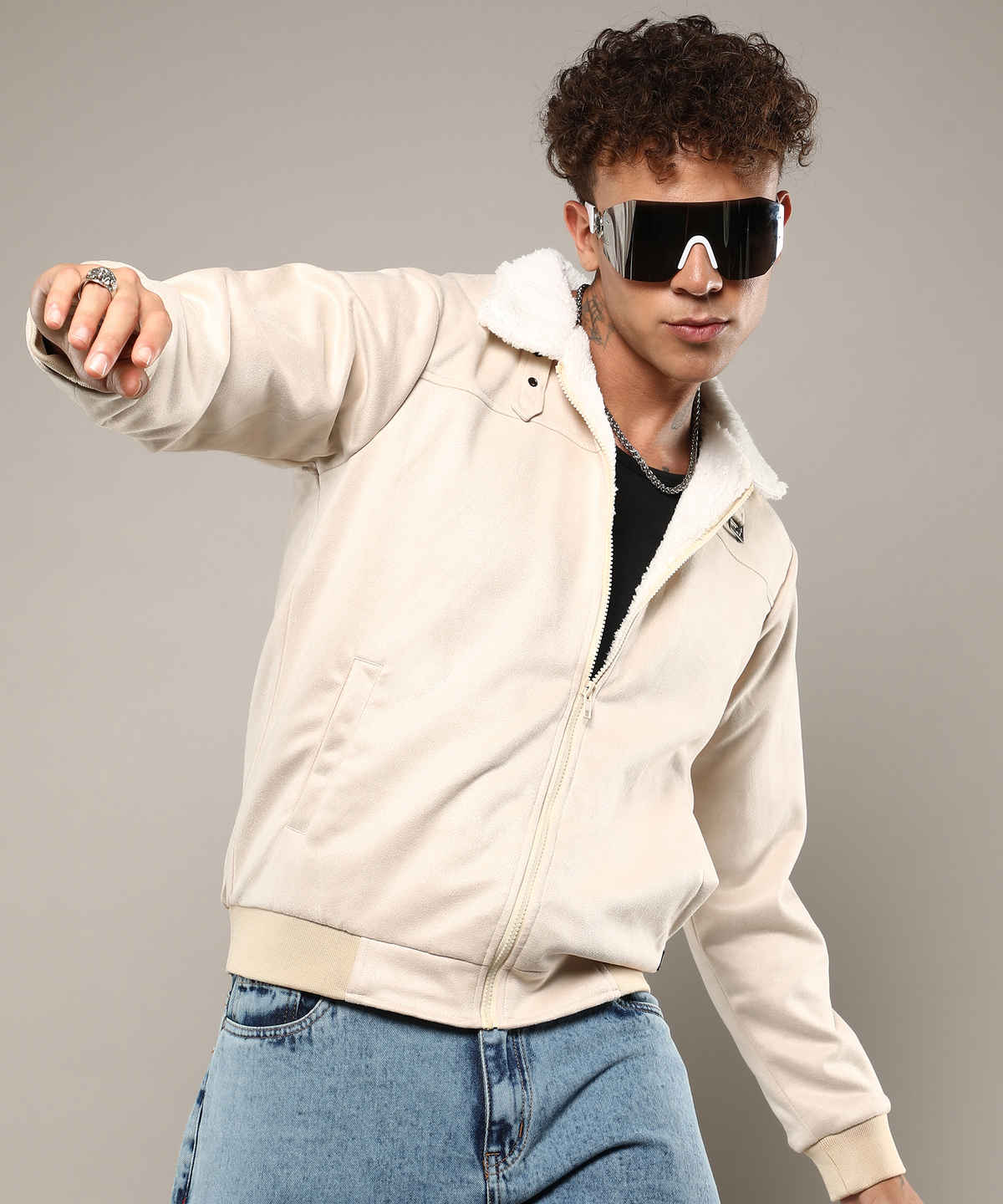 Campus Sutra Men's Fur-Lined Suede Bomber Jacket | Off-White - M