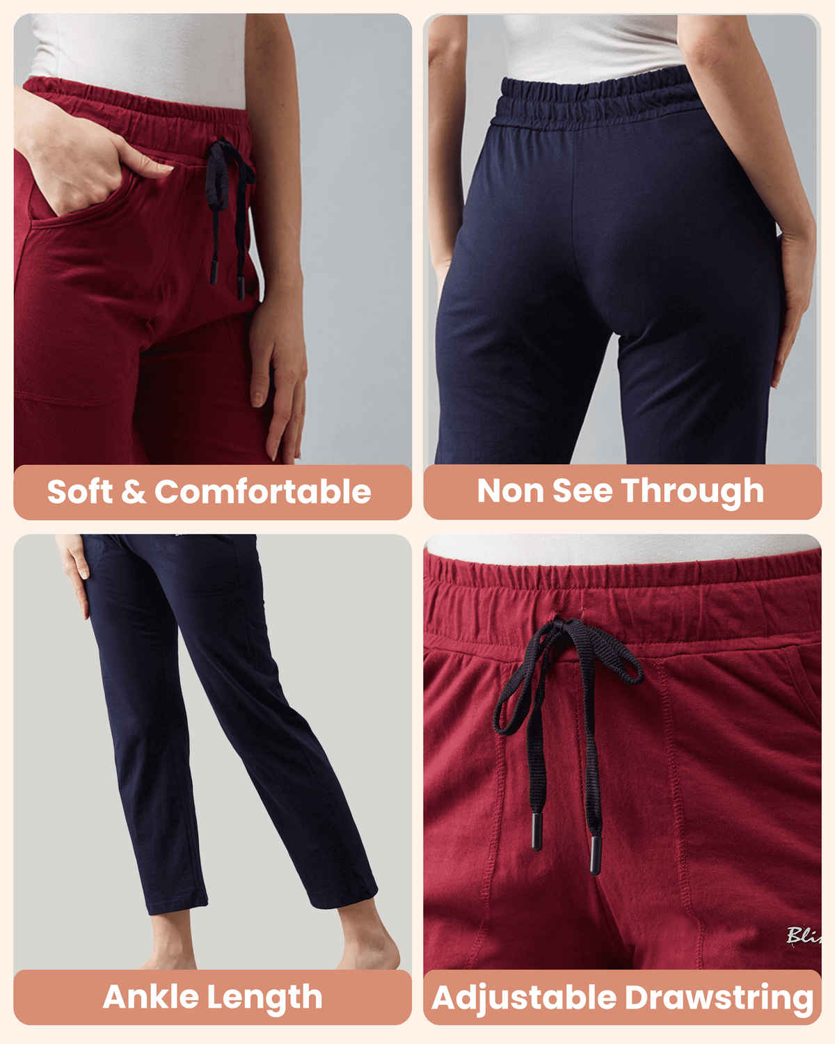 Blinkin Women's Cotton Track Pants With Side Pockets | Maroon Navy - 2Xl
