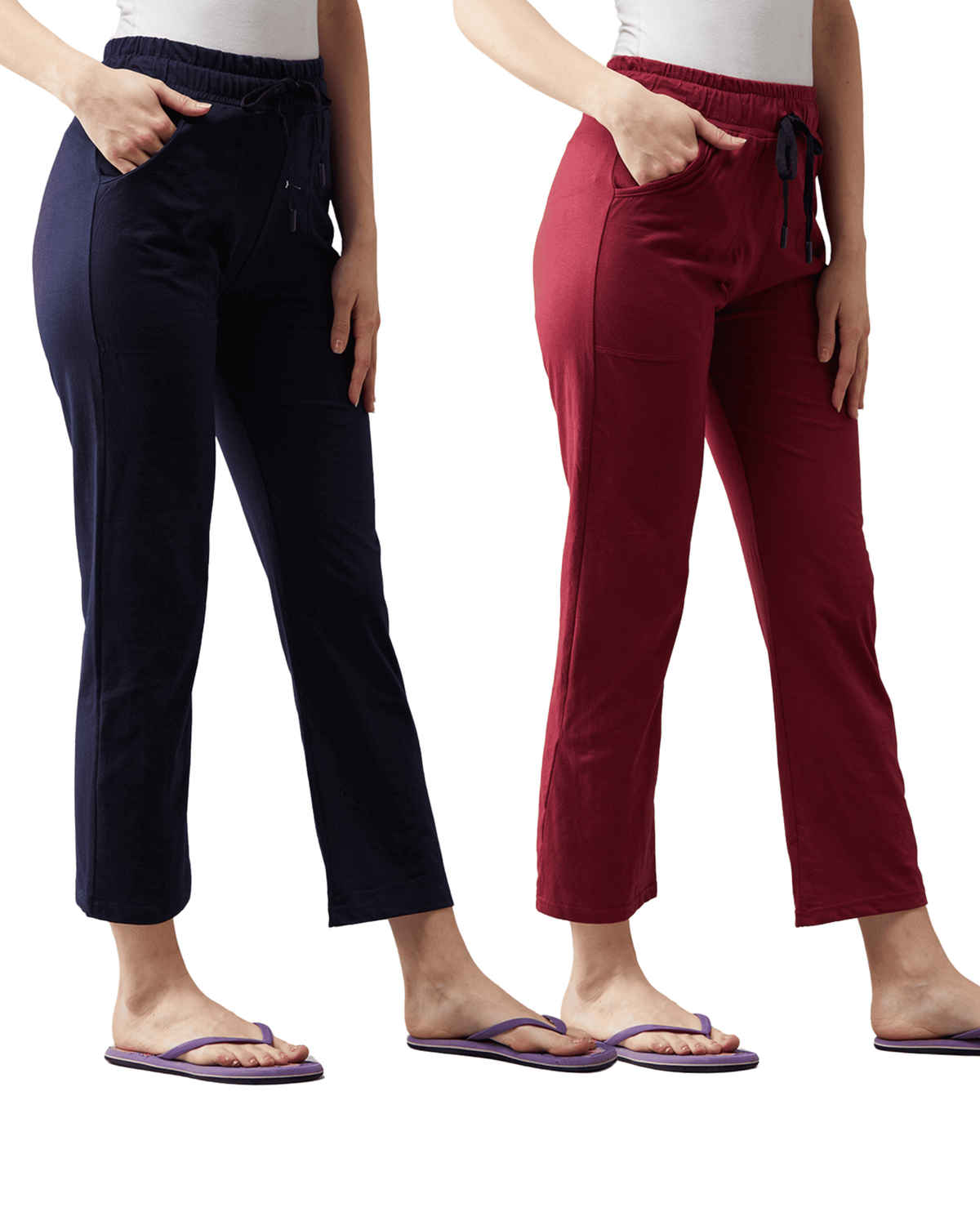 Blinkin Women's Cotton Track Pants With Side Pockets | Maroon Navy - 3Xl