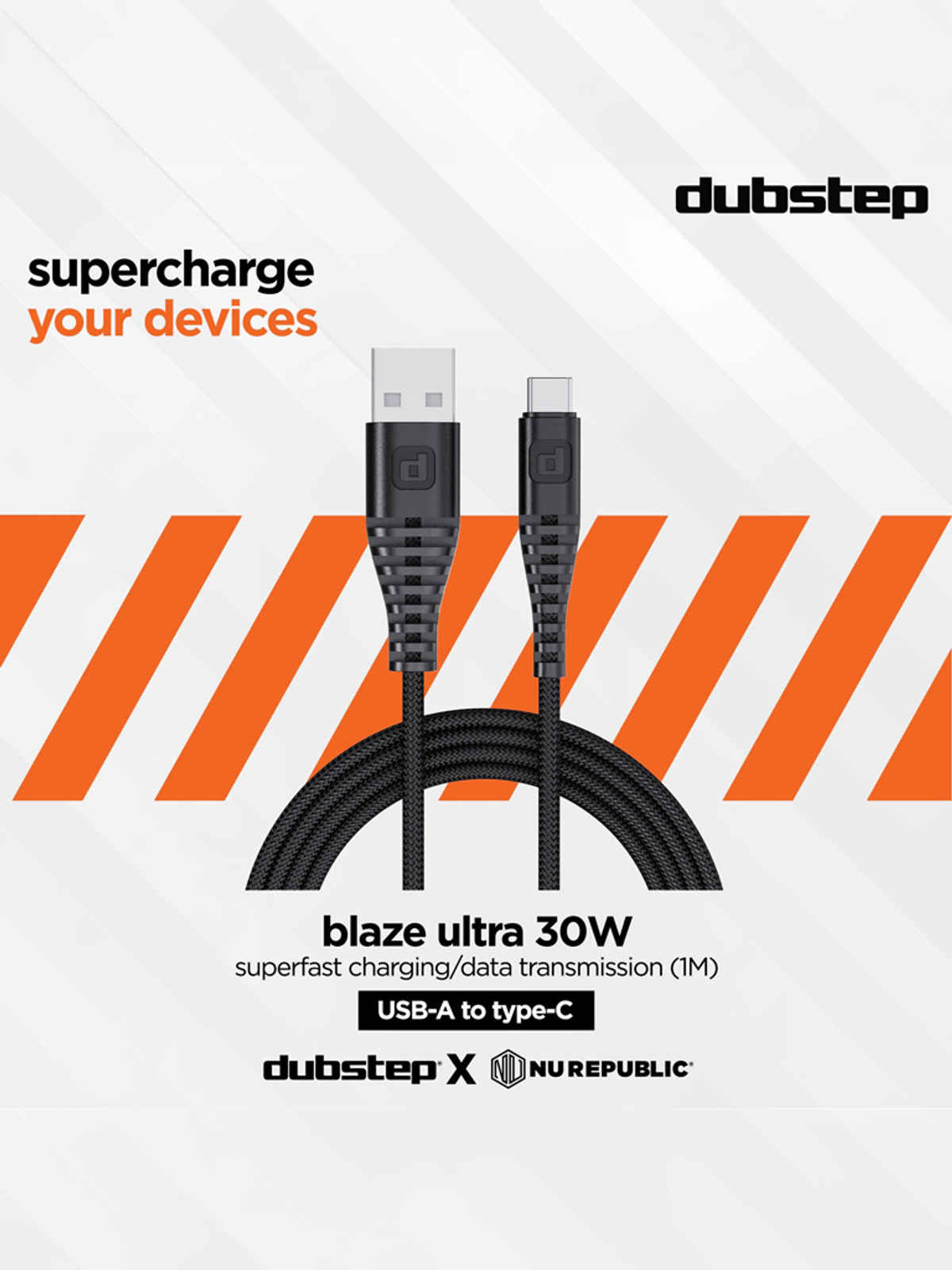 Dubstep Blaze Ultra 30W USB A to Type-C 3.5Amp Fast Charging Tangle Free Sturdy 100 cm Cable for Smartphones, Tablets & Other Type-C Devices with 480 Mbps Data Transmission - Black