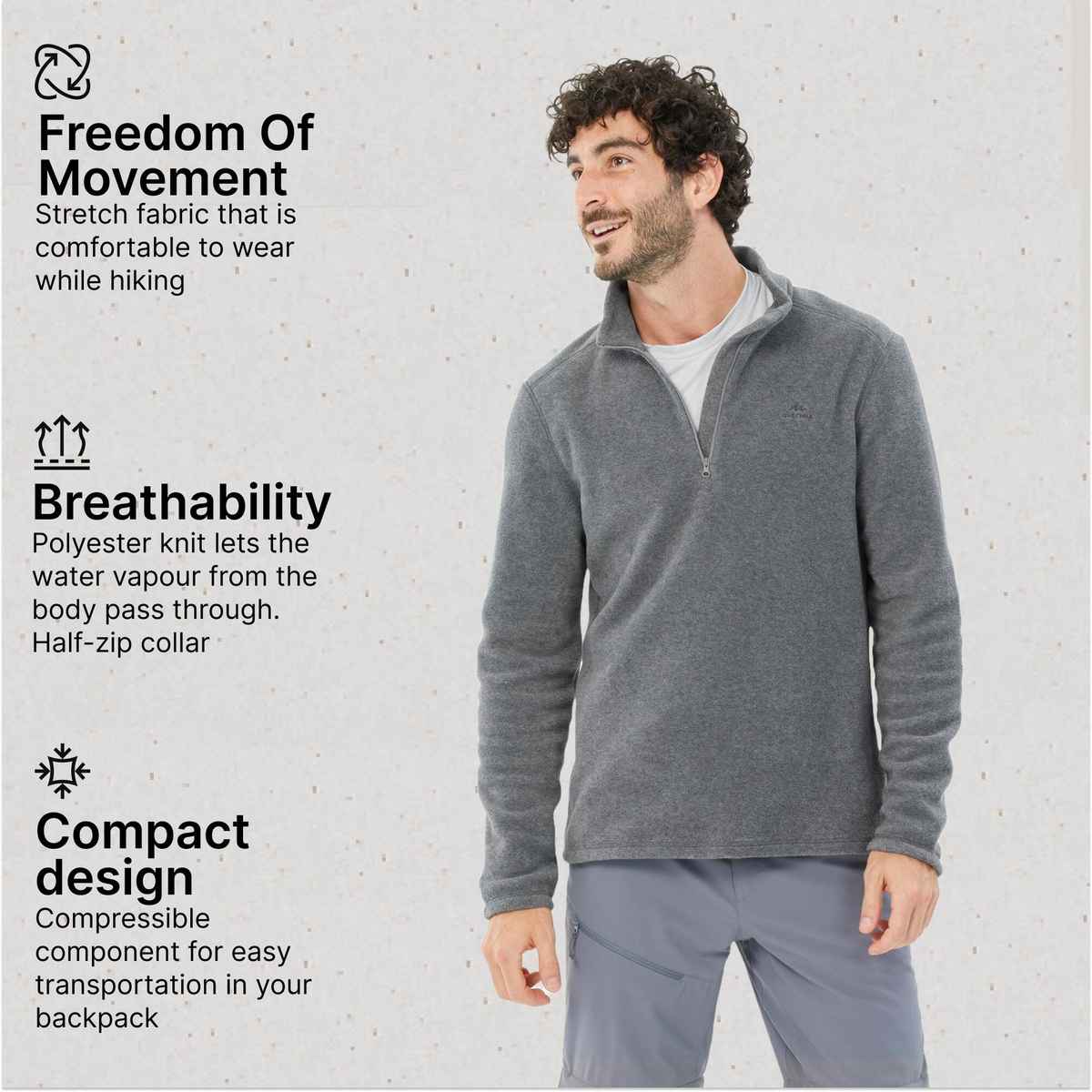 Quechua By Decathlon Men's Warm Winter Hiking Fleece | Grey - S