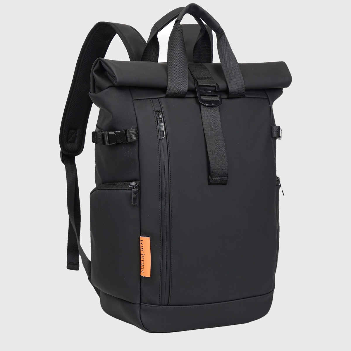 Fur Jaden 24 L Black Vegan Leather Rolltop Laptop Backpack with Anti-Theft Compartment
