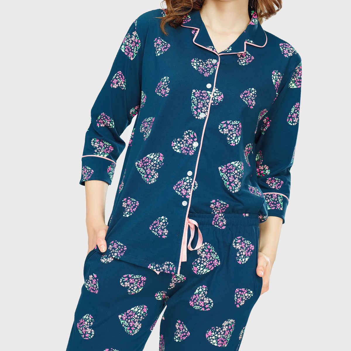 Zeyo Night Suit for Women Teal Heart Printed Cotton Night Dress | Shirt & Pajama Set 5758-TB- XL