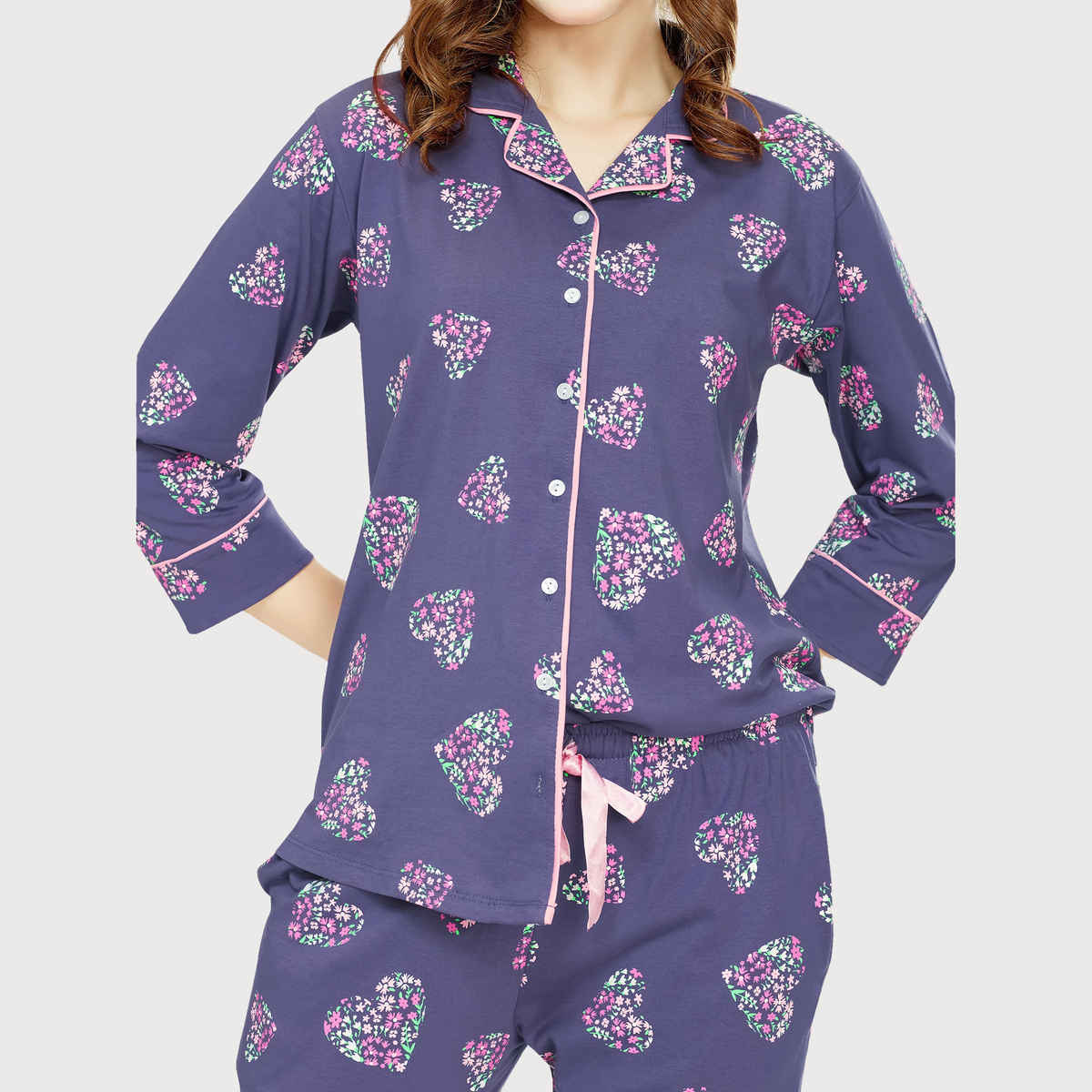 Zeyo Night Suit for Women Blue Heart Printed Cotton Night Dress | Shirt & Pajama Set 5758-BE- M