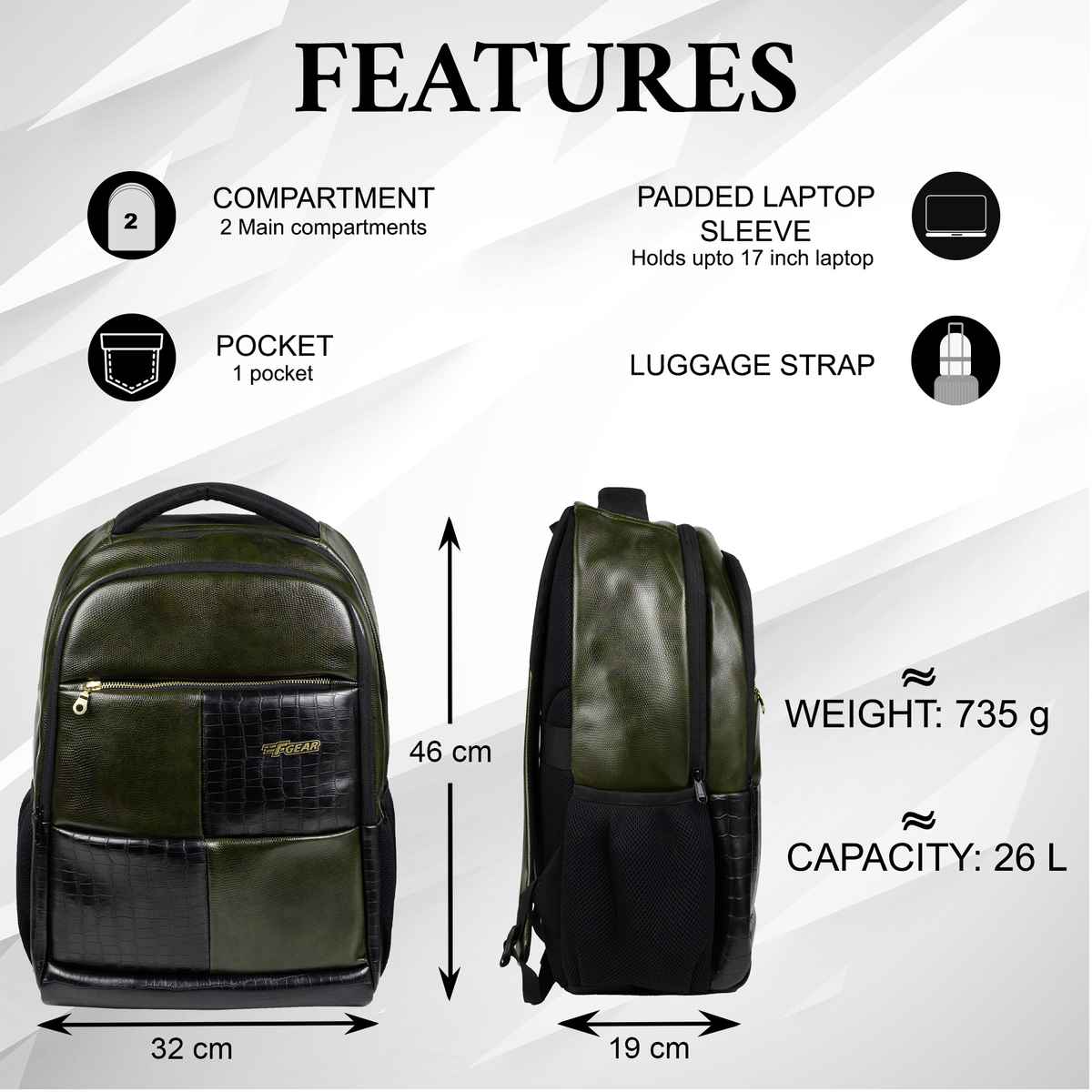 F Gear Unisex Textured Vegan Leather 26 L Laptop Backpack | Green