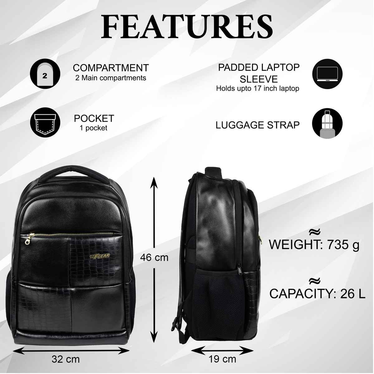 F Gear Unisex Solid Vegan Leather 30 L Laptop Backpack | Black