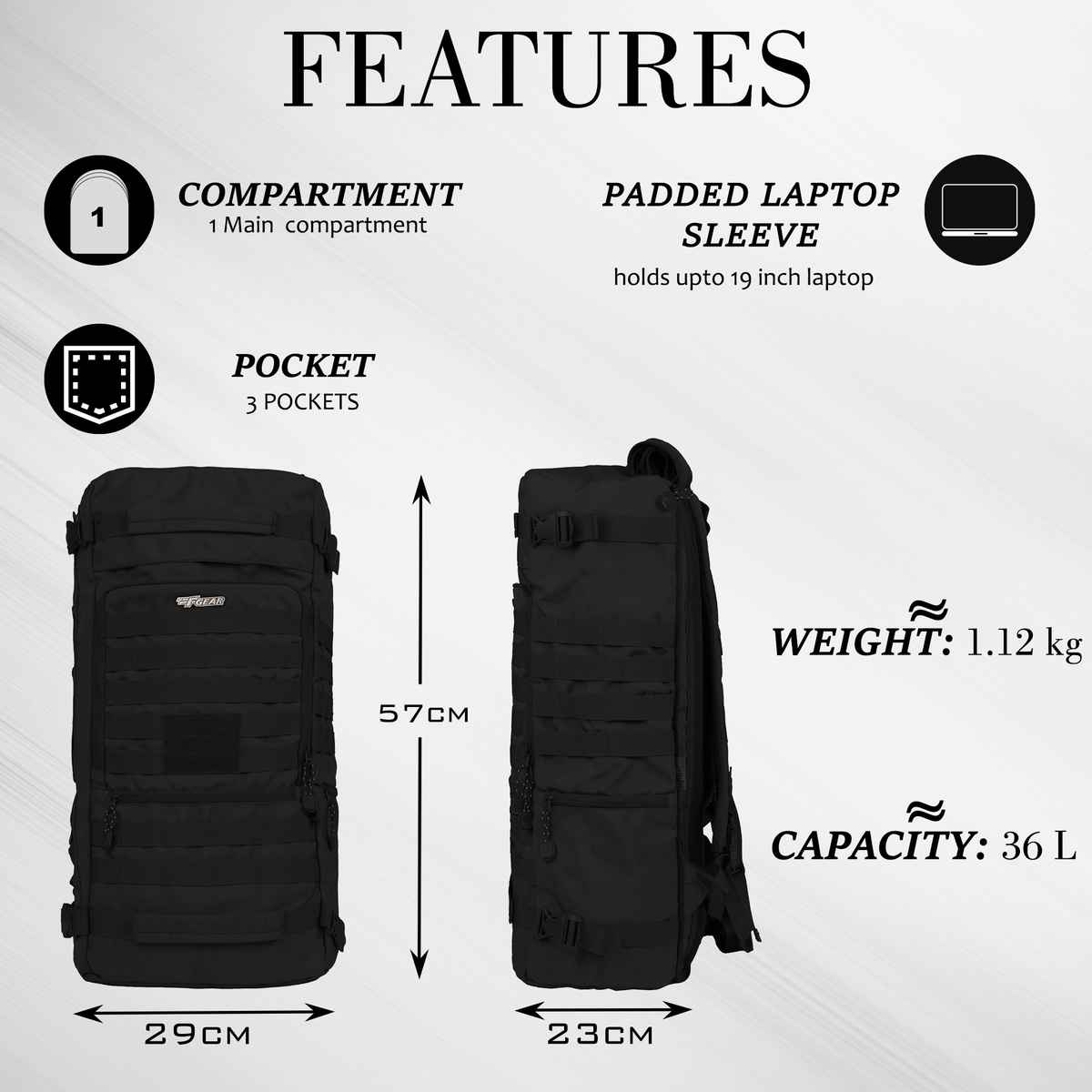 F Gear Unisex Nylon 36 L Shoulder Handle Rucksack | Black - L