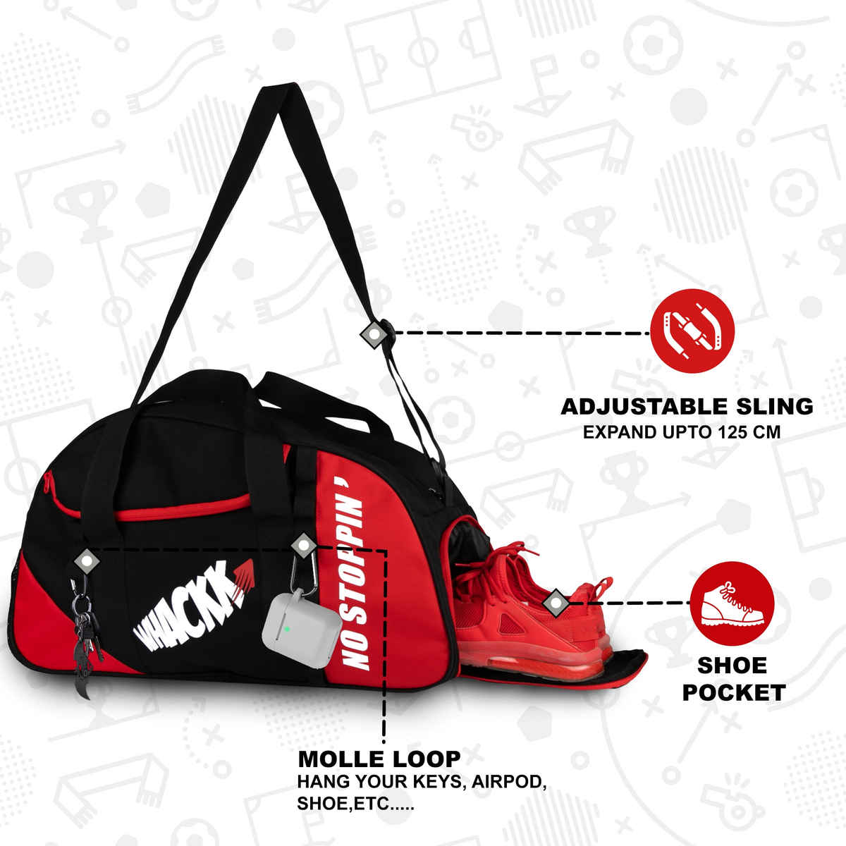 Whackk Unisex Solid Polyester 32 L Web Handle Duffle Bag | Black and Red