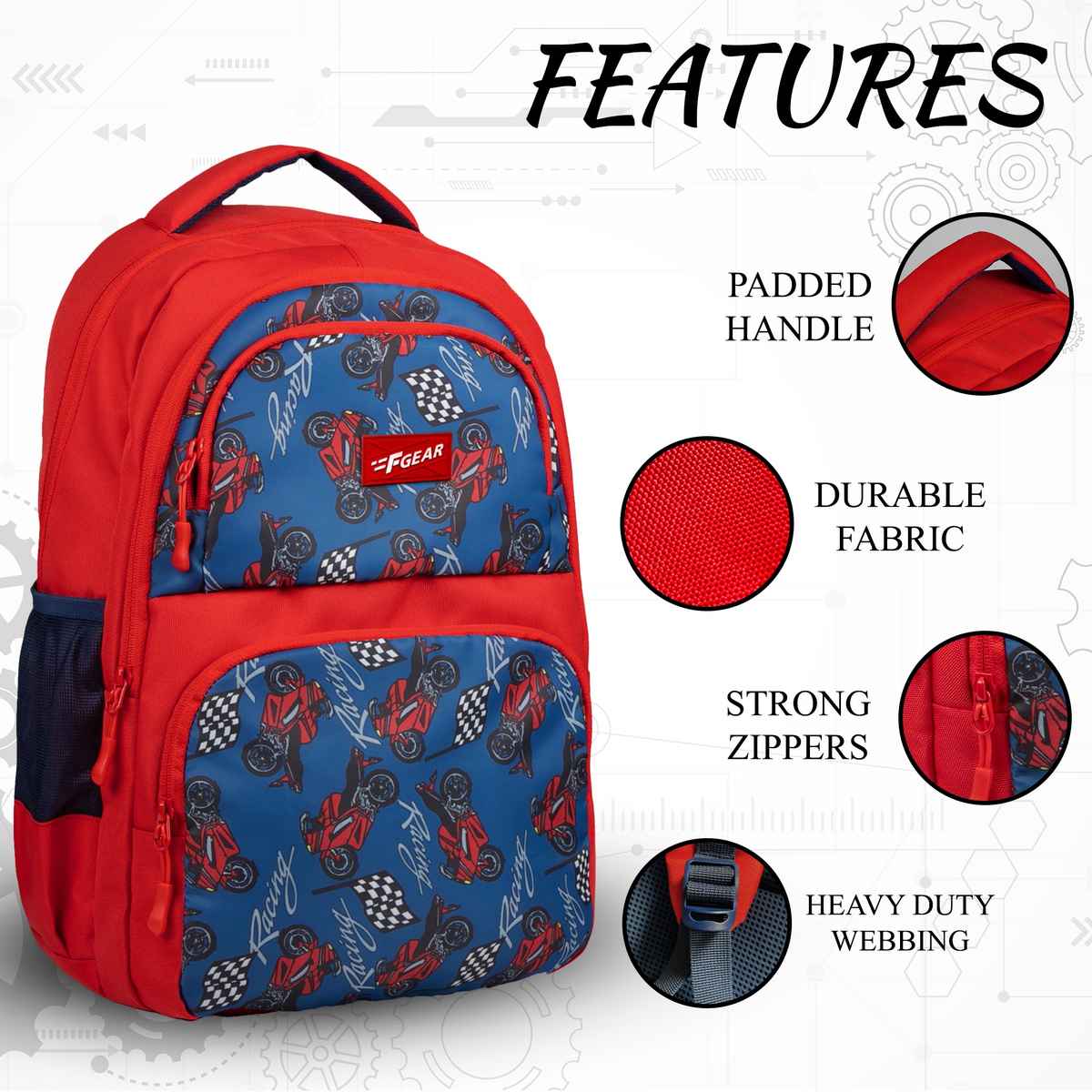 F Gear Unisex Polyester 23 L Padded Grab Handle Backpack | Red Moto Manic